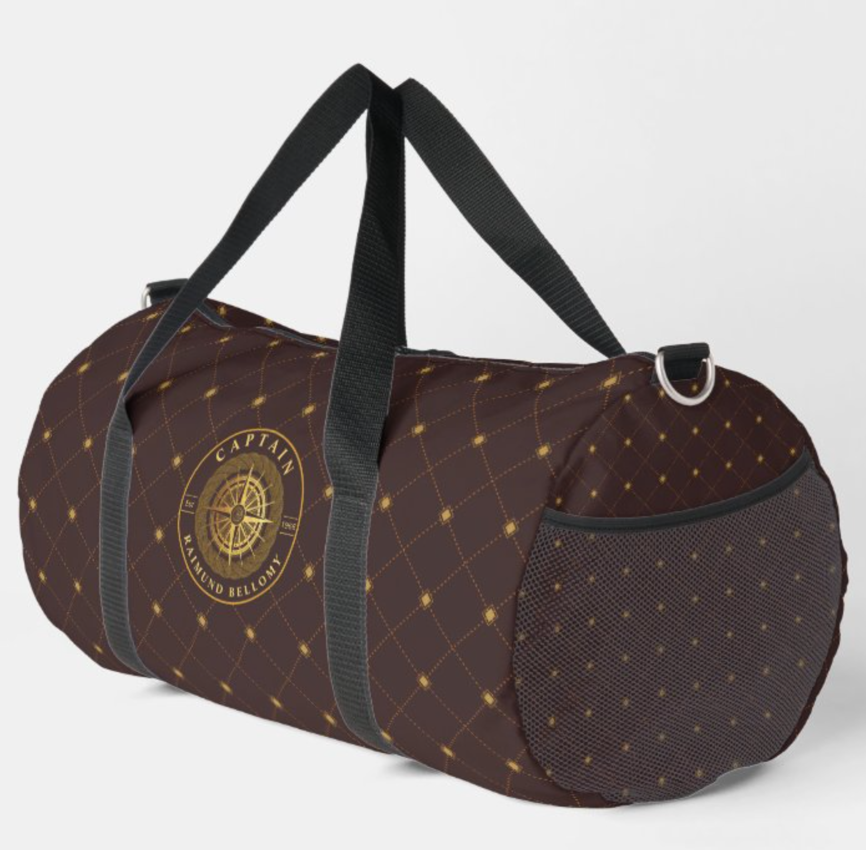 Gold Nautical Duffle Bag A brown duffel bag with a diamond pattern and a compass emblem reading "CAPTAIN" on the side, featuring black straps and a mesh pocket.