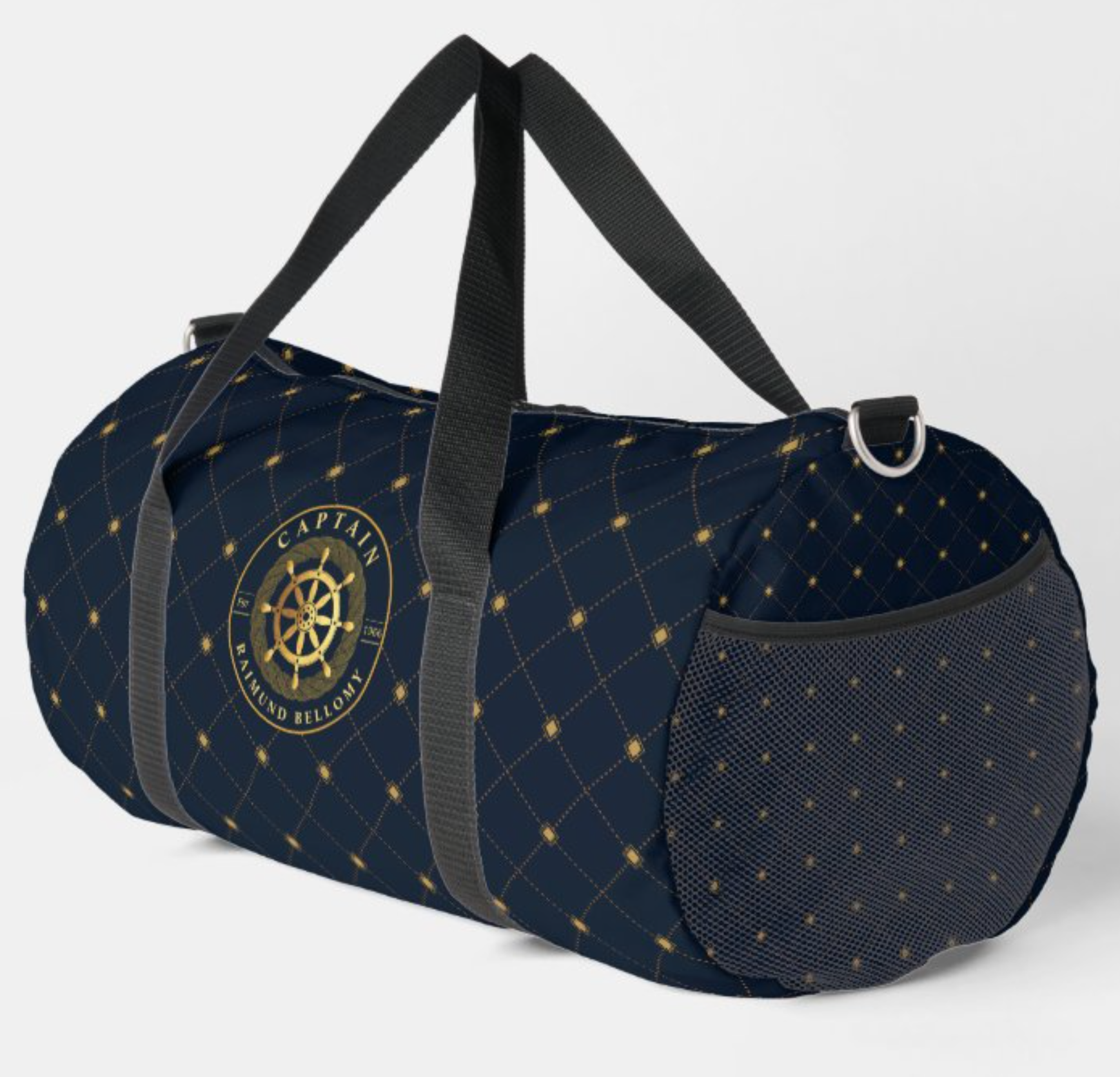 Gold Ship Wheel Duffle Bag Navy blue duffel bag with a quilted design featuring gold stitching, an emblem with the word "CAPTAIN" surrounded by a rope and ship wheel, and a side mesh pocket, with two black shoulder straps.
